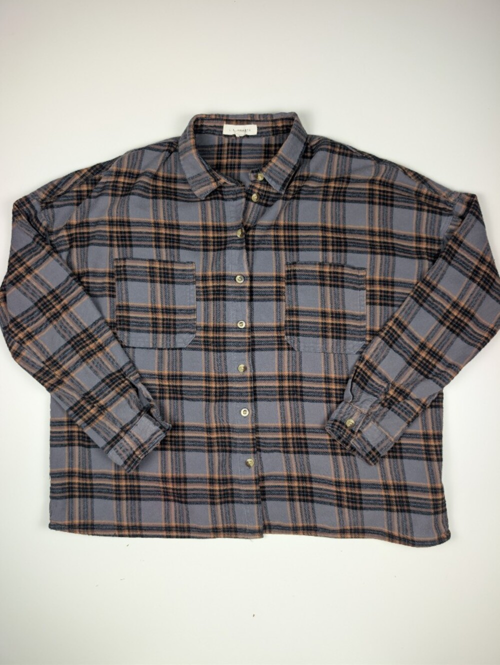 LA Hearts PacSun Plaid Flannel Shirt Womens M Grey Brown Oversized Button Down